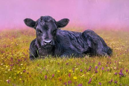 Black Angus Calf in the Flowers Panel 24in x 16in