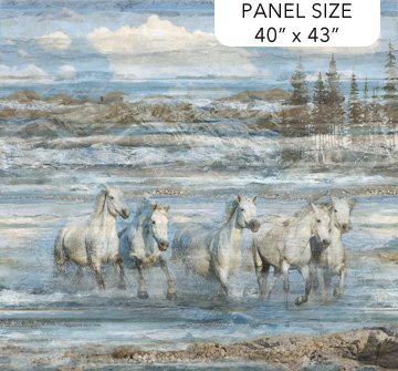 Running Free Blue Multi Horse Panel Approx 40" x 43"